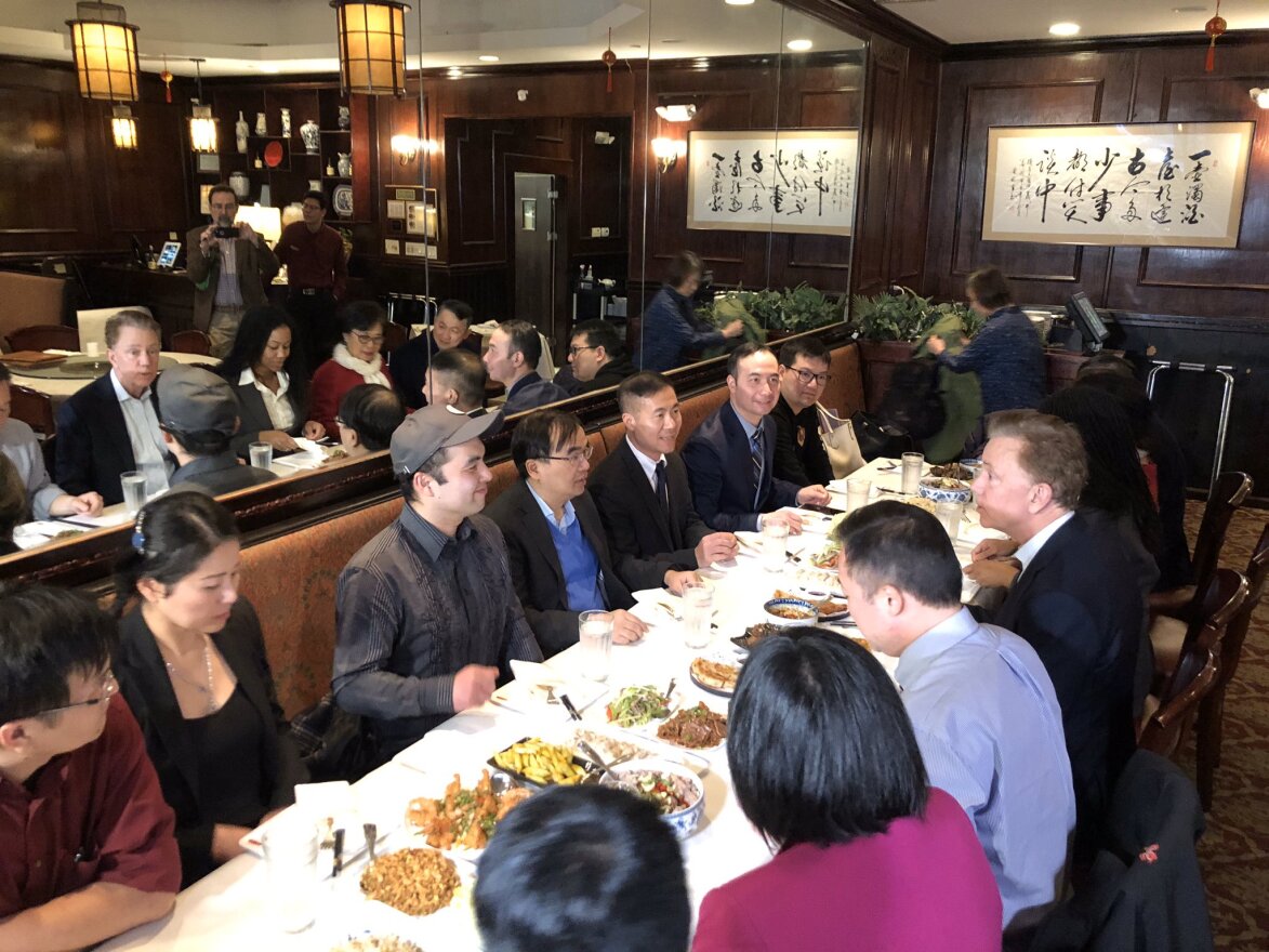 Attorney General William Tong and Gov. Ned Lamont, right, eat dinner at Shu in West Hartford Tuesday night. State officials are encouraging residents to patronize local Chinese restaurants amid a drop in business due to coronavirus fears.